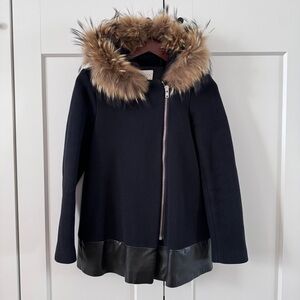 Sandro Black Cape with Faux Fur Trim and Quilted Texture